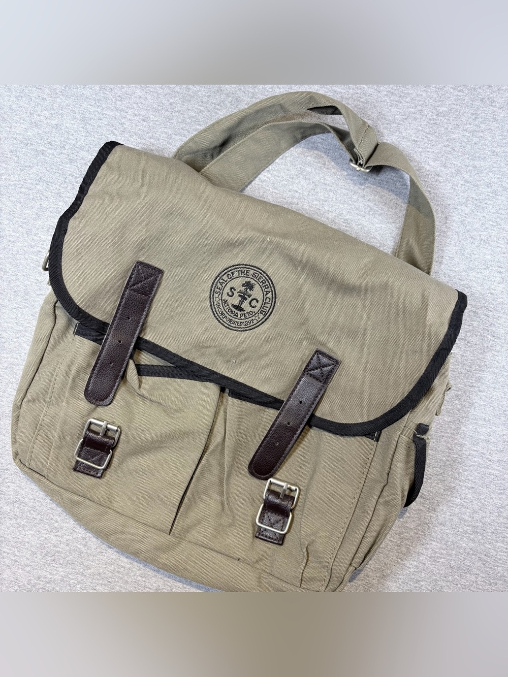 Vintage Sierra Club Messenger Bag With Leather Buckle Straps Olive Crossbody